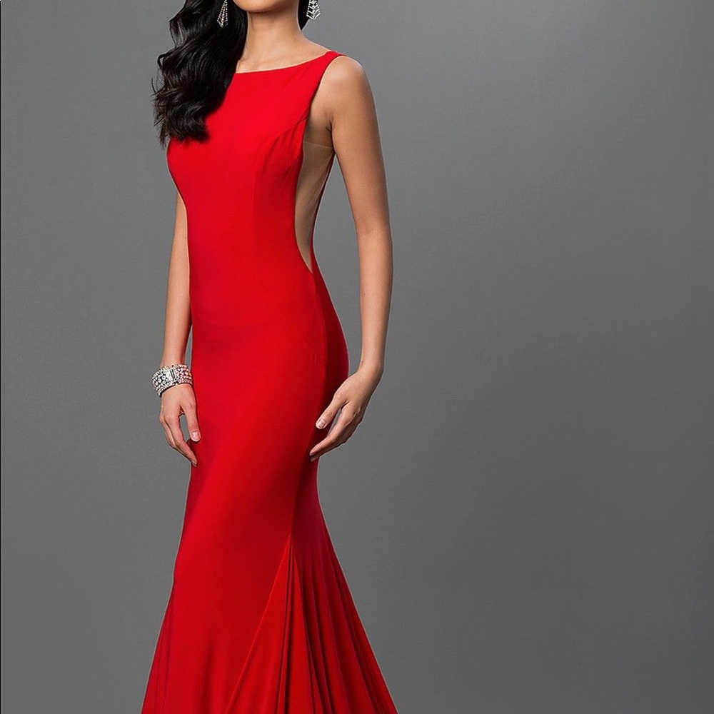 Red jovani high neck open back prom dress